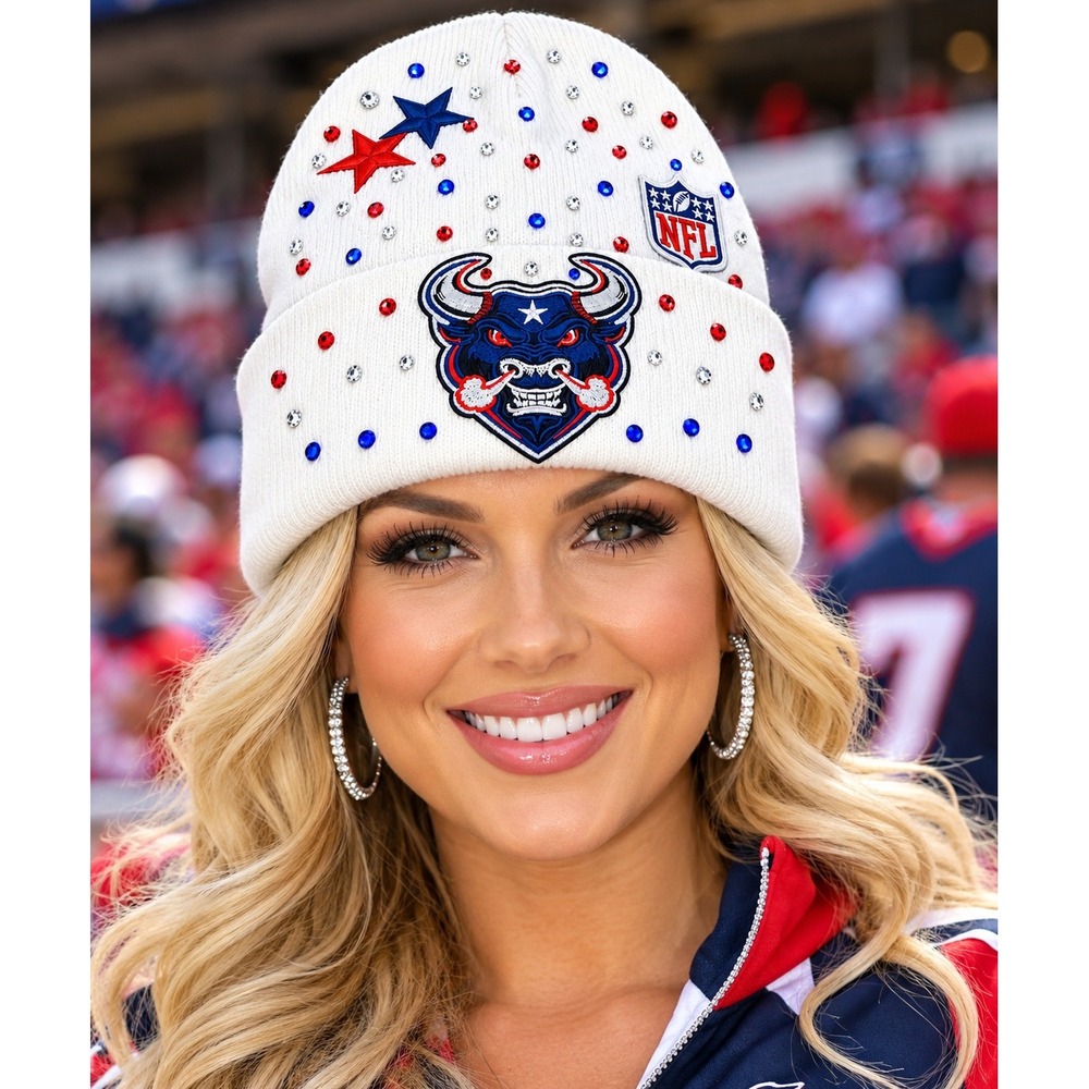 Houston Texans Custom Rhinestone Bling Knit Beanie Hat White Red Blue Star